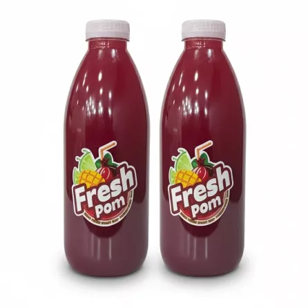 Twin Bottles of Fresh Pom natural pomegranate juice with colourful label