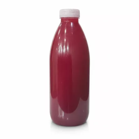 Fresh Pom pomegranate juice bottle showing vibrant red juice inside on a white background