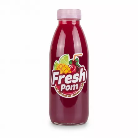 Bottle of Fresh Pom pomegranate juice with vibrant red liquid and colourful label