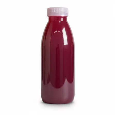 Back view of Fresh Pom pomegranate juice bottle showing rich red juice inside