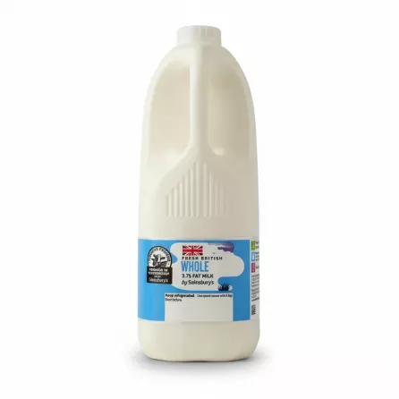 Sainsbury's fresh British whole milk bottle with fat percentage and UK flag on label