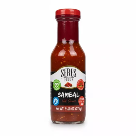 Bottle of Seres Foods Sambal Hot Sauce with red chili pieces in glass bottle