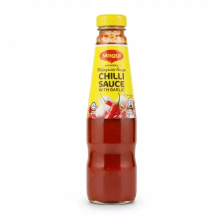 Bottle of Maggi Authentic Malaysian Chilli Sauce with Garlic, front label view enlarged and on a white background