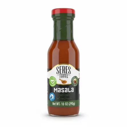 Front view of Seres Foods Masala Authentic Indian Sauce bottle with red and green label on a white background