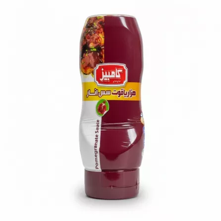 Kambiz Pomegranate Sauce bottle front label in hand