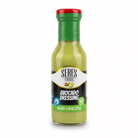 Bottle of Seres Foods avocado dressing with green and red cap enlarged image on a white background