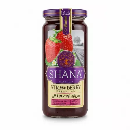 Shana Strawberry Fresh Jam jar front label with strawberries image on a white background