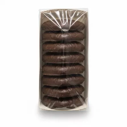 Open pack showing heart-shaped gingerbread biscuits coated with chocolate