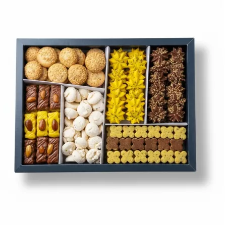 Top view of the assorted sweets inside the Negin Boutique box showing various types and colours