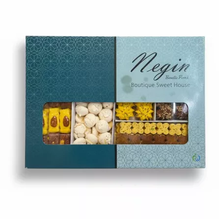 Box of Negin Boutique mixed sweets packaged in an elegant blue patterned box