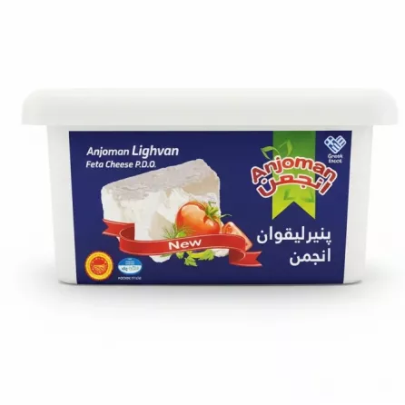 Anjoman Lighvan Feta Cheese P.D.O. tub front view showing cheese image and label