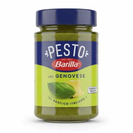 Jar of Barilla Pesto Alla Genovese with green basil sauce