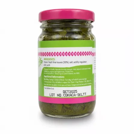 Back label of Thai lime leaves jar with ingredients and nutritional facts on a white background