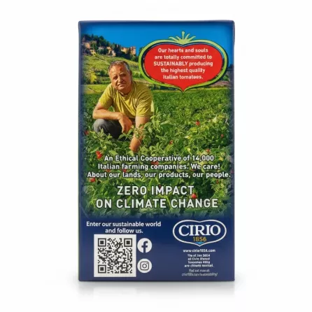 Cirio Passata Sieved Tomatoes back packaging with farmer pledge and sustainability label on a white background