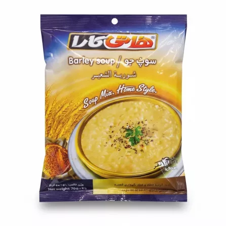 Packet of Hotikara Barley Soup Mix on a showing soup bowl on a white background