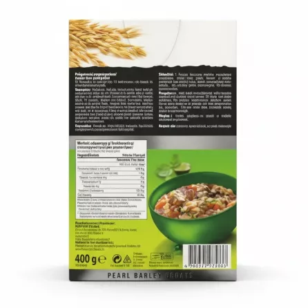 Back of Melvit Pearl Barley Groats box showing preparation instructions and nutrition