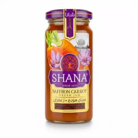 Jar of Shana Saffron Carrot Fresh Jam with vibrant label showing carrots and saffron flowers