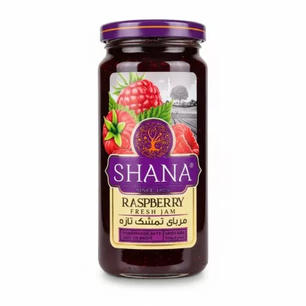 Jar of Shana raspberry fresh jam with purple lid and label showing raspberries