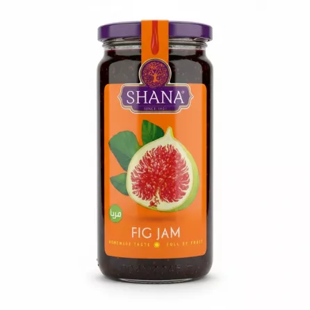 Jar of Shana Fig Jam with orange label and fig illustration