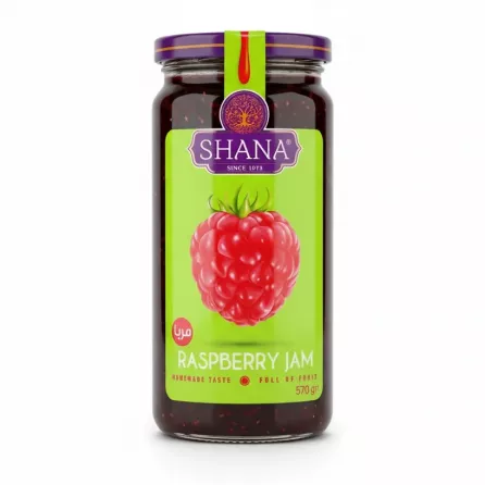 Jar of Shana Raspberry Jam with bright green label and raspberry image