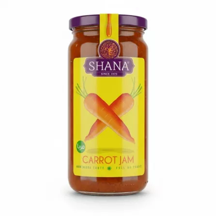 Jar of Shana Carrot Jam with yellow and purple label showing two carrots