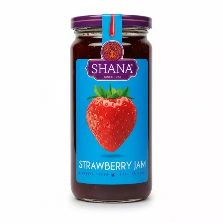 Glass jar of Shana brand strawberry jam with blue label and large strawberry image