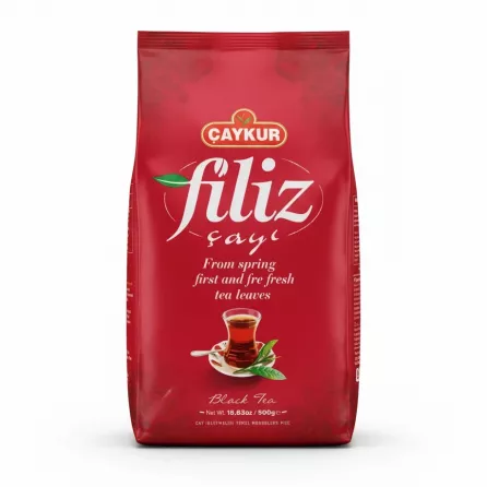 Front view of Çaykur Filiz Black Tea 500g red packaging showing brand and product name