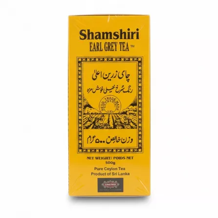 Back view showing product details and origin of Shamshiri Earl Grey Tea box