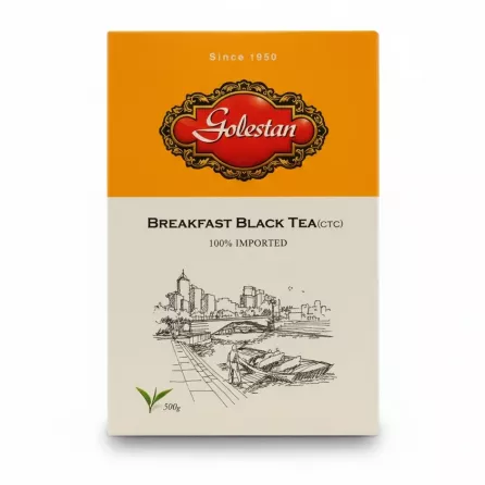 Golestan Breakfast Black Tea 500g front packaging with orange and cream design