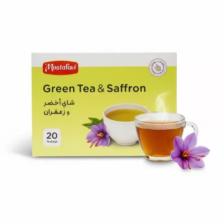 Mostafavi Green Tea and Saffron box front with cup of tea and saffron flower