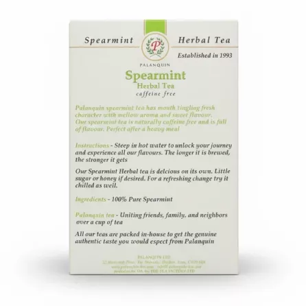 Back of Palanquin Spearmint Herbal Tea box with product details