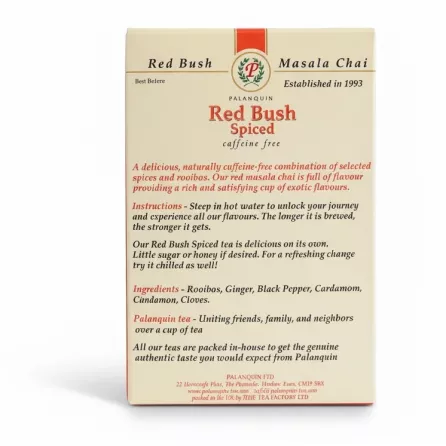 Palanquin Red Bush Spiced Tea back packaging with product details and instructions