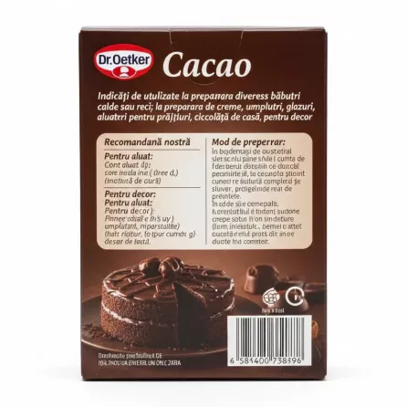 Back of Dr. Oetker cocoa powder box with usage instructions in Romanian