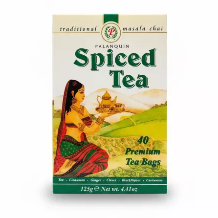 Close-up of Palanquin Spiced Tea box showing price tag and rich colourful packaging