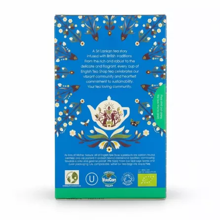 Back of packaging describing tea story and sustainability info
