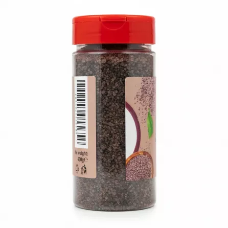 Back label of Bodrum Fine Black Salt with barcode and net weight