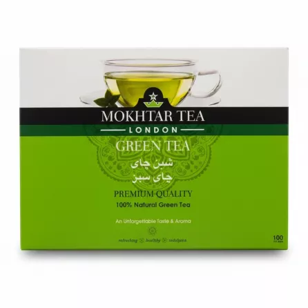 Box of Mokhtar Tea London Green Tea front packaging