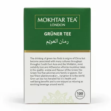 Box of Mokhtar Tea London Green Tea back packaging with product description