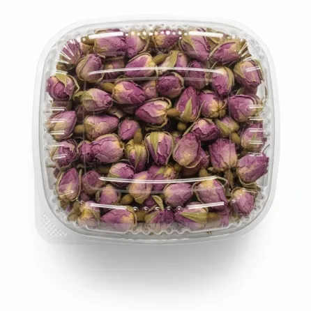top view of dried rose buds in clear packaging