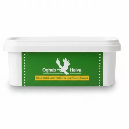 Side view of Oghab Tahini Halva container showing brand and flavour label