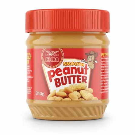 Jar of Heera Smooth Peanut Butter with red lid and label on a white background
