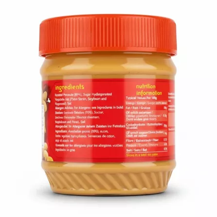 Back of Heera Smooth Peanut Butter jar showing ingredients and allergen advice
