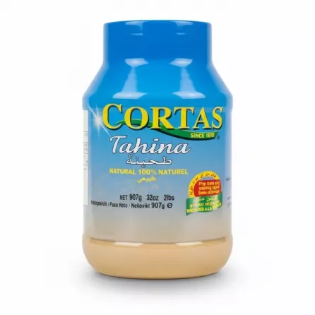 Jar of Cortas Tahina showing front label with blue lid