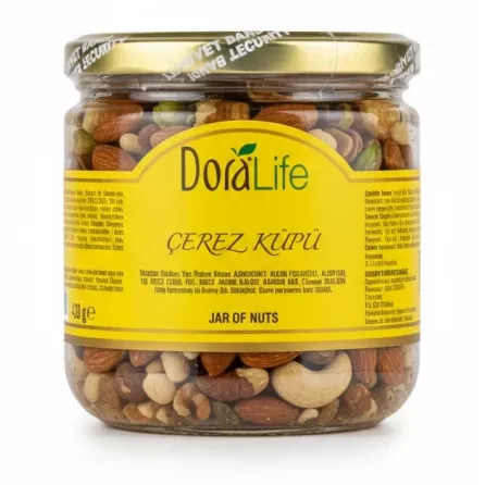 DoraLife branded glass jar showing nuts variety with yellow label