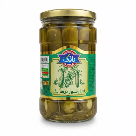 Jar of Razak brand pickled cucumbers with green label and golden lid