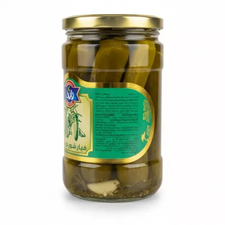Side view of Razak pickled cucumbers jar showing product information label