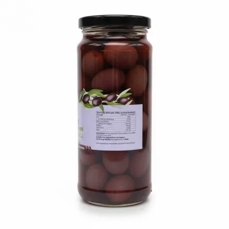 Back label showing nutritional facts and ingredients of Anjoman Kalamata Olives