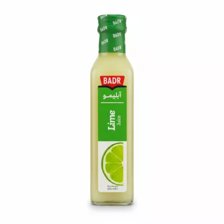 Bottle of Badr Lime Juice with green label and lime slice image
