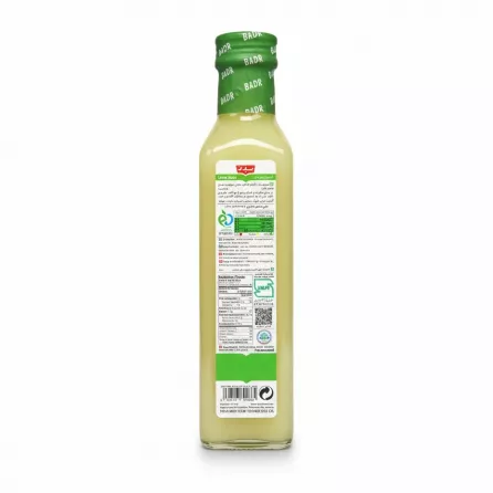 Back view of Badr Lime Juice bottle showing ingredients and nutrition facts