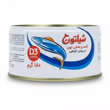 Side view showing Shilton branded canned tuna with fish illustration